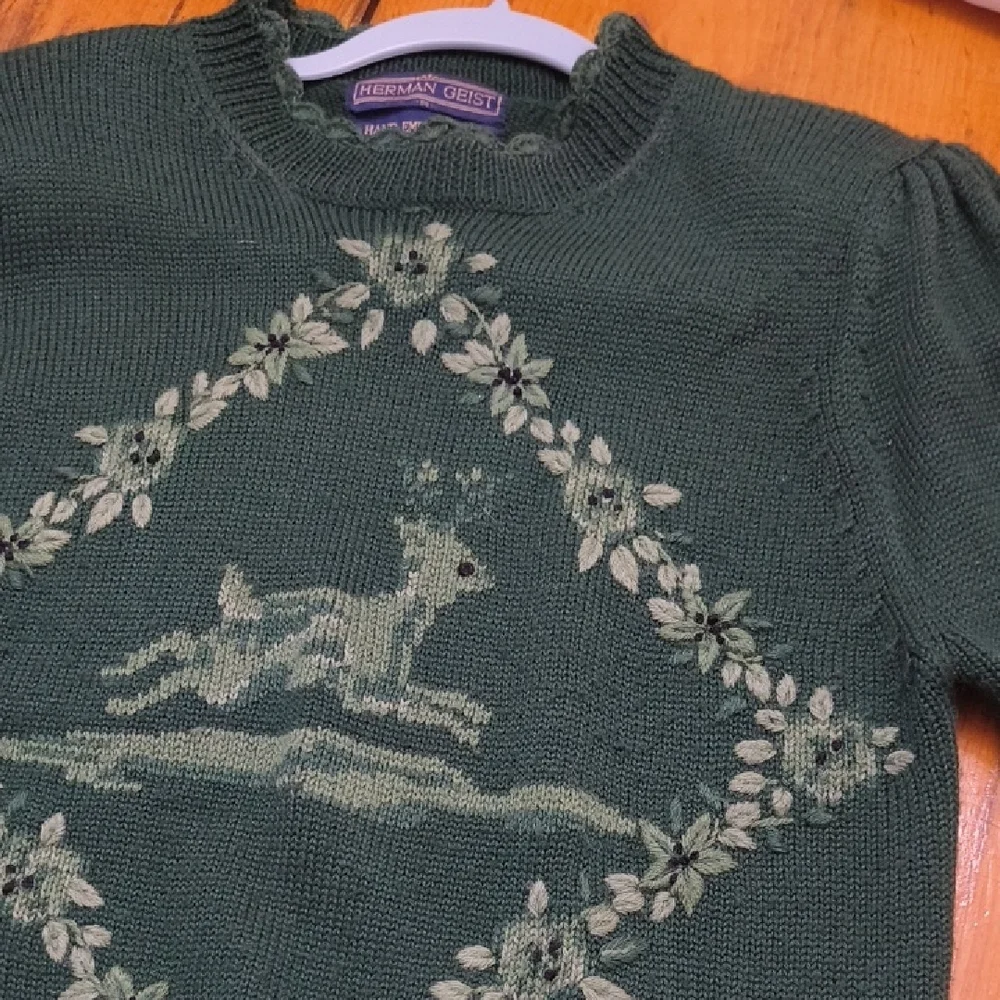 Herman Geist Green Sweater Deer Design Vintage Grandmacore Eclectic Cottagecore - Picture 11 of 14